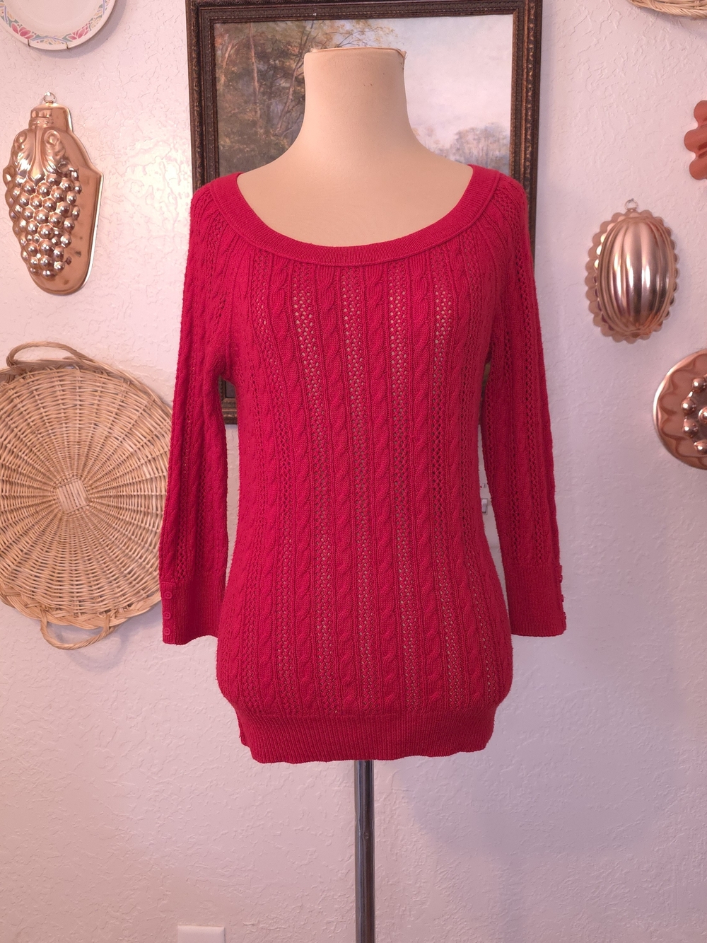 American Eagle Medium Red Open-Knit Cable Sweater Cotton Wool Blend Scoop Neck